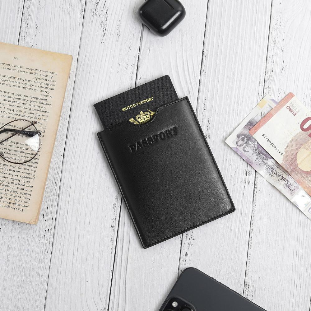 black leather passport cover