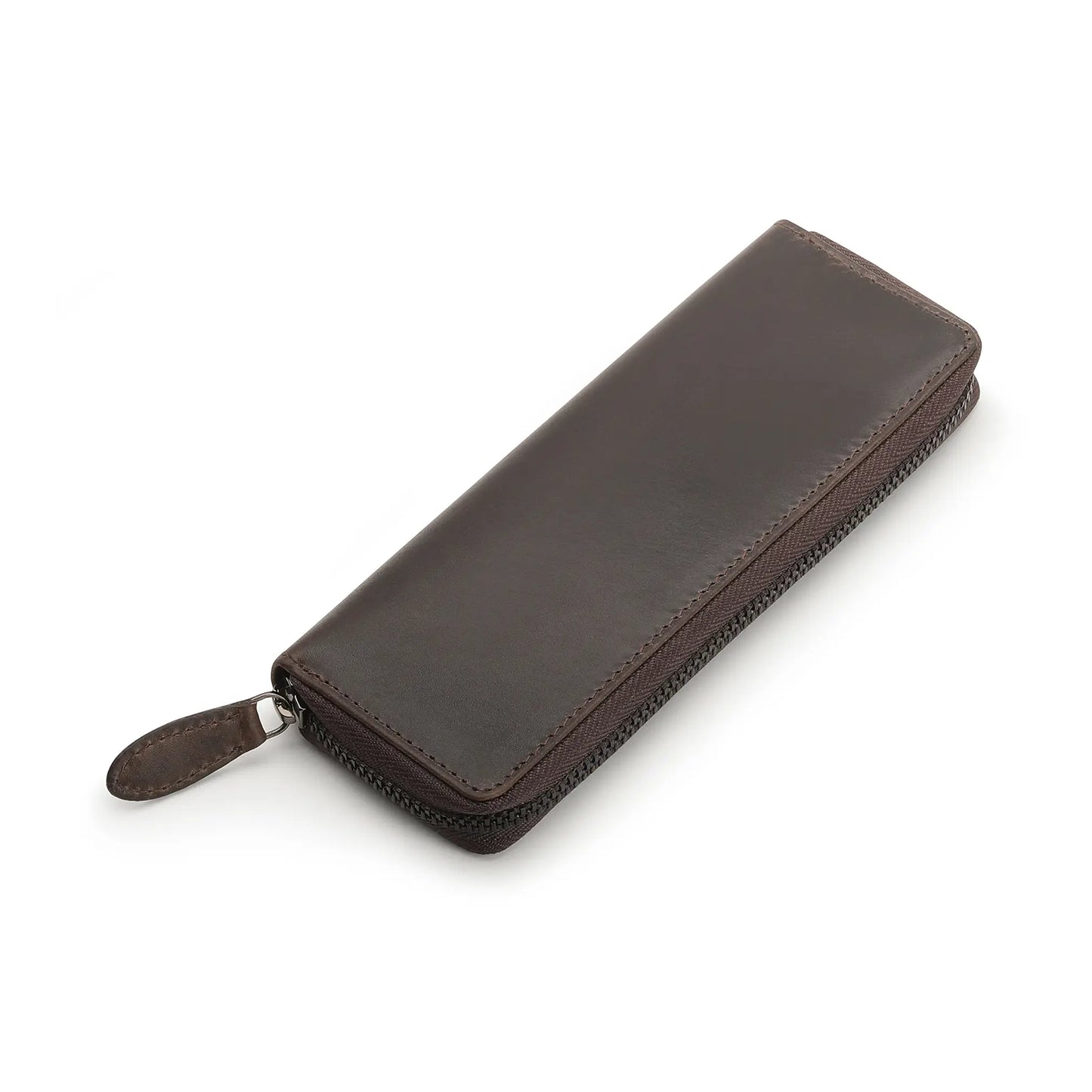 Brown leather pen case with a zipper on a white background
