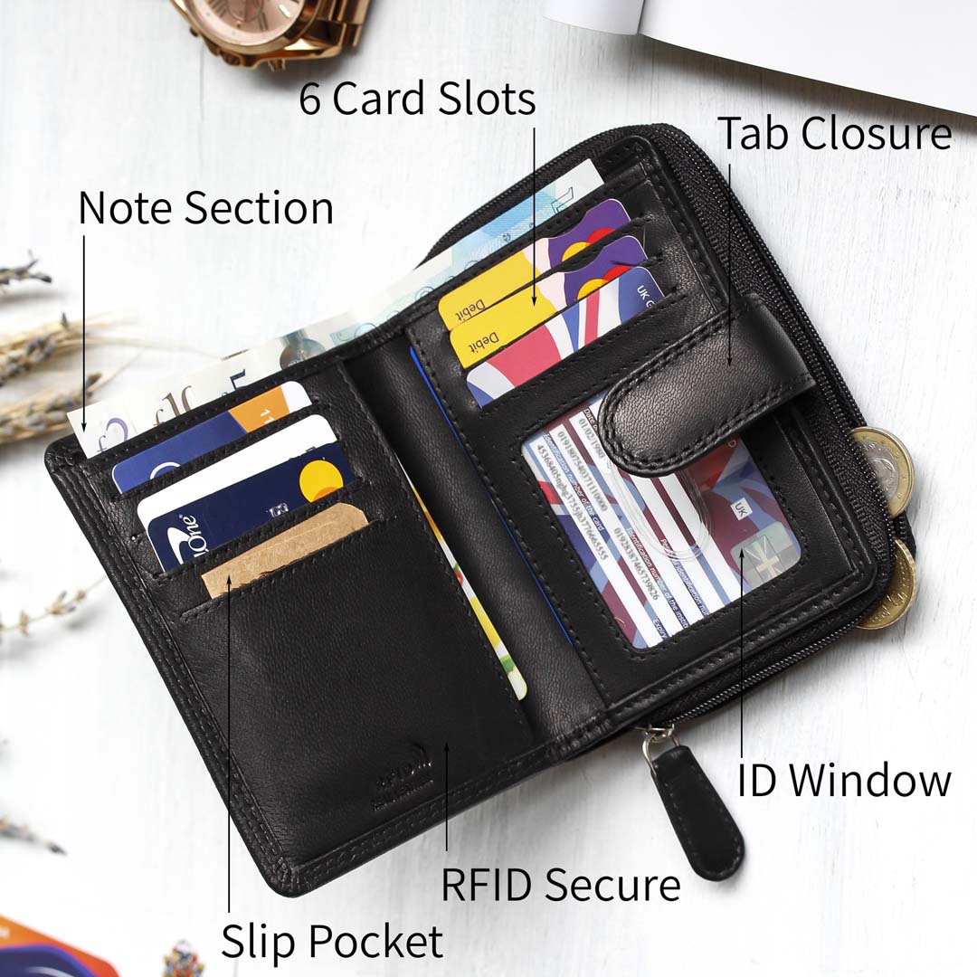 A black leather wallet with a note section, 6 card slots, tab closure, slip pockets and ID window. The wallet is RFID Secure