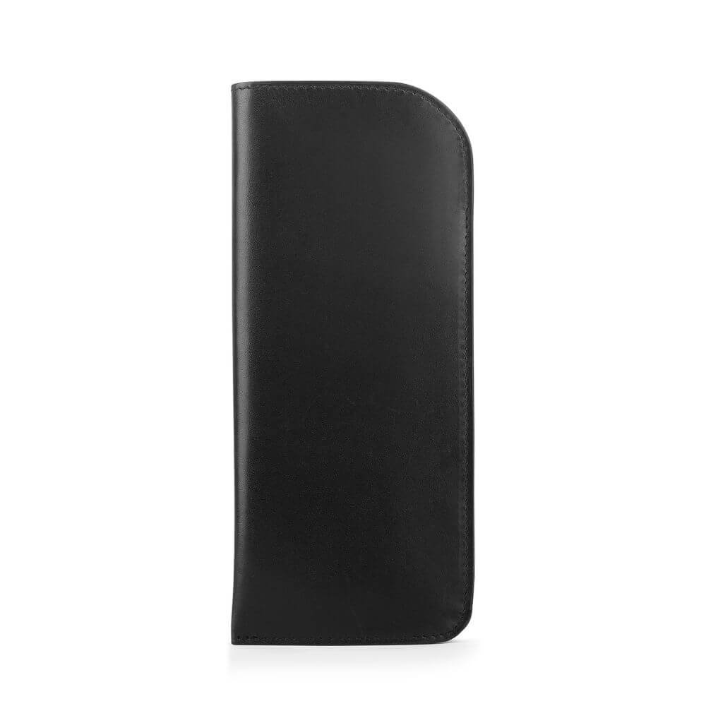Black leather lined glasses pouch on a white background