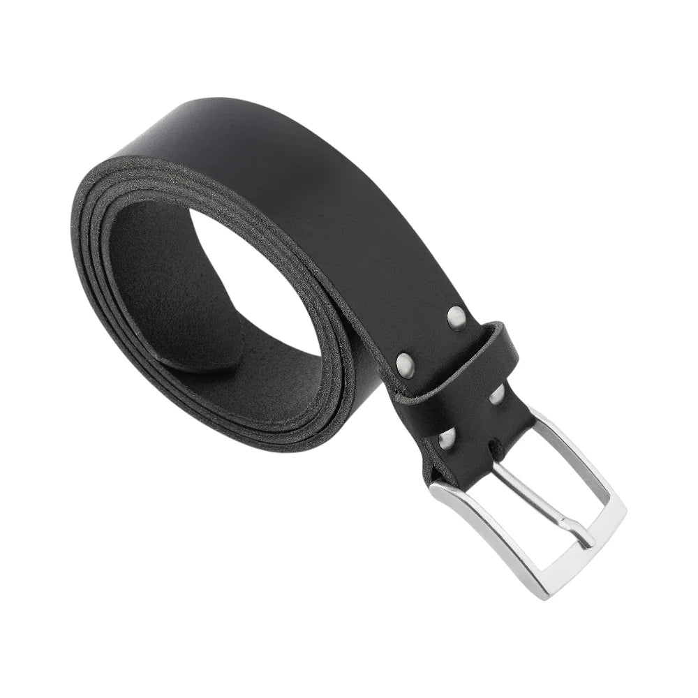 Black leather belt with silver buckle on a white background