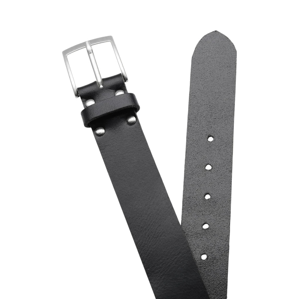 Black leather watch strap with silver buckle on a white background