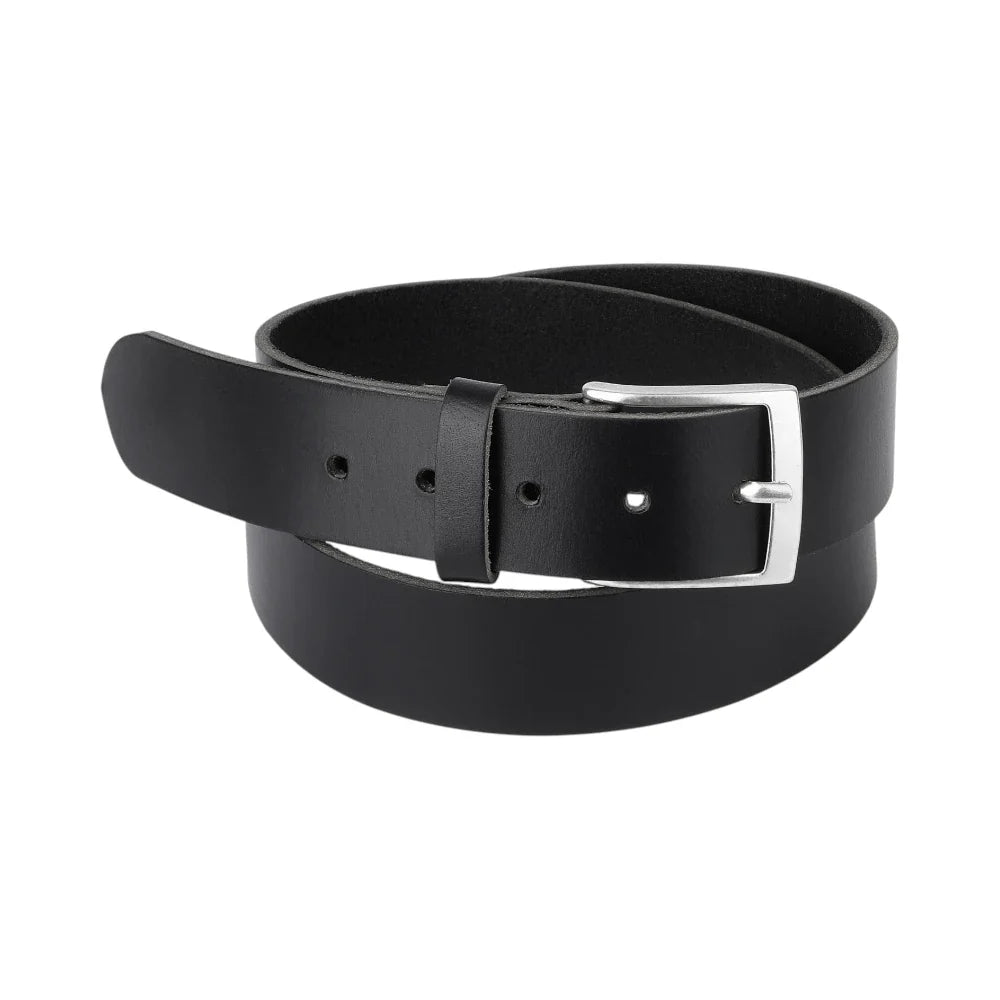Black leather belt with a silver buckle on a white background