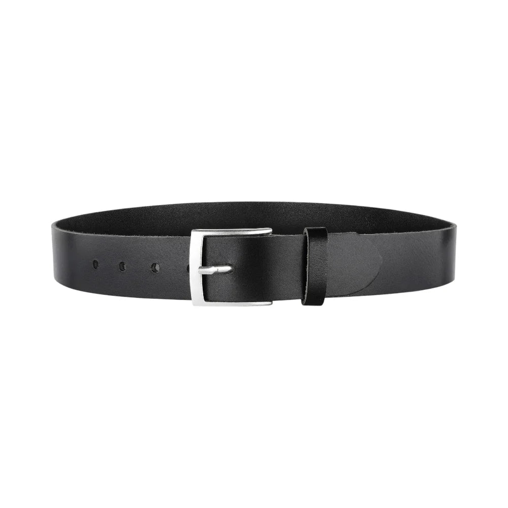 Black belt with a silver buckle on a white background