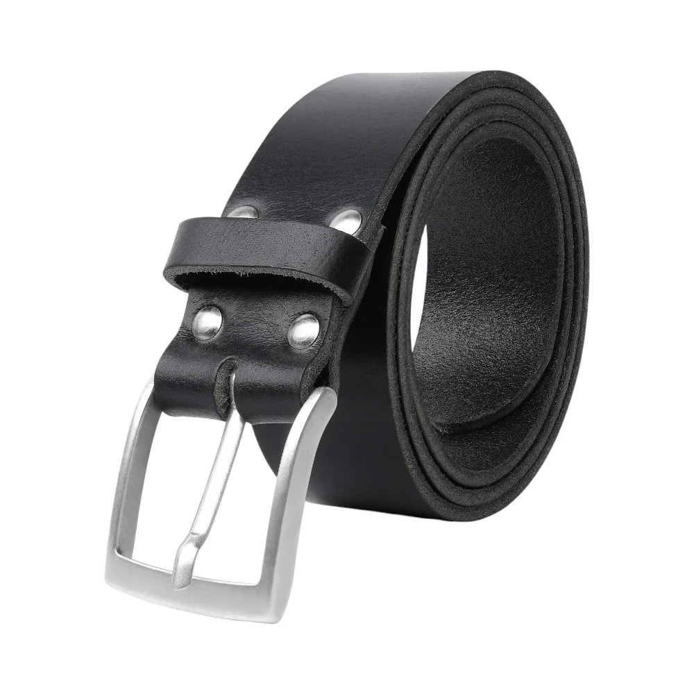 Black leather belt with silver buckle on a white background