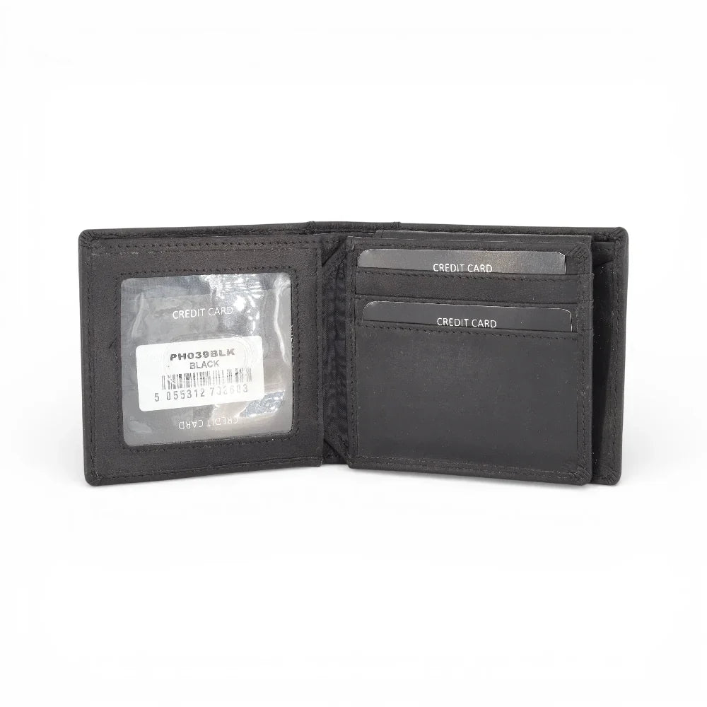 Black leather wallet with card slots on a white background
