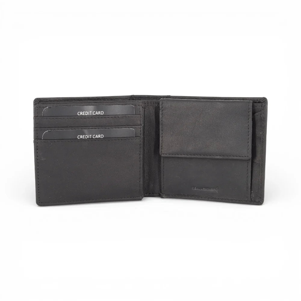 Open black leather wallet with card slots on a white background
