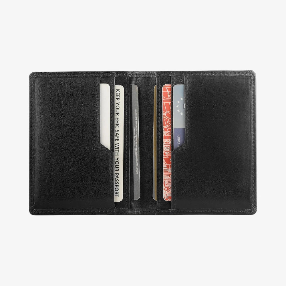 Black leather credit card holder with card slots on a white background