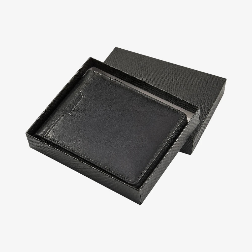 Black leather wallet in a black box on a white background