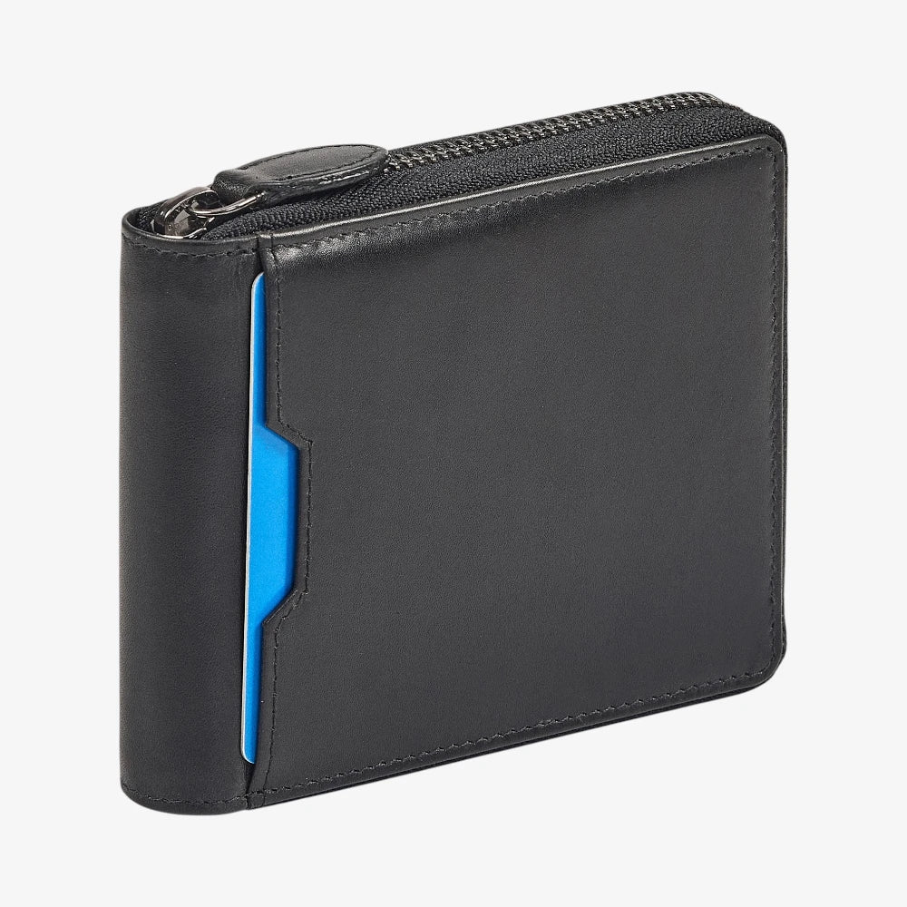 Black leather wallet with a blue zipper on a white background