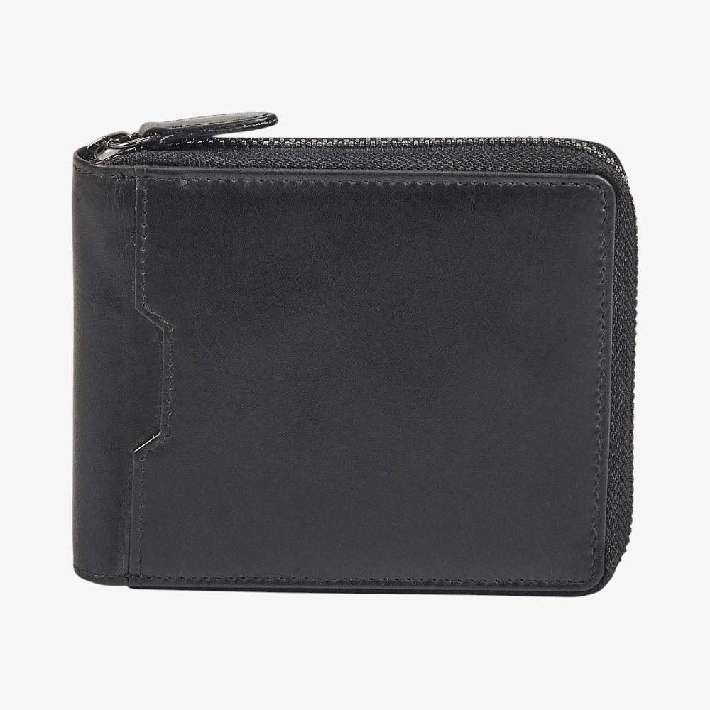 Front view of Black leather wallet with a zipper on a white background