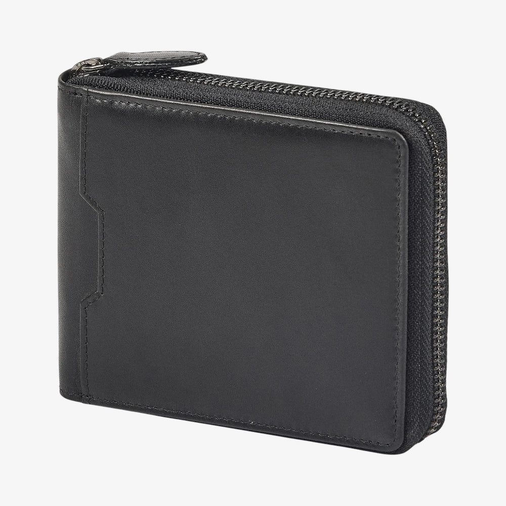 Black leather wallet with zipper on a white background