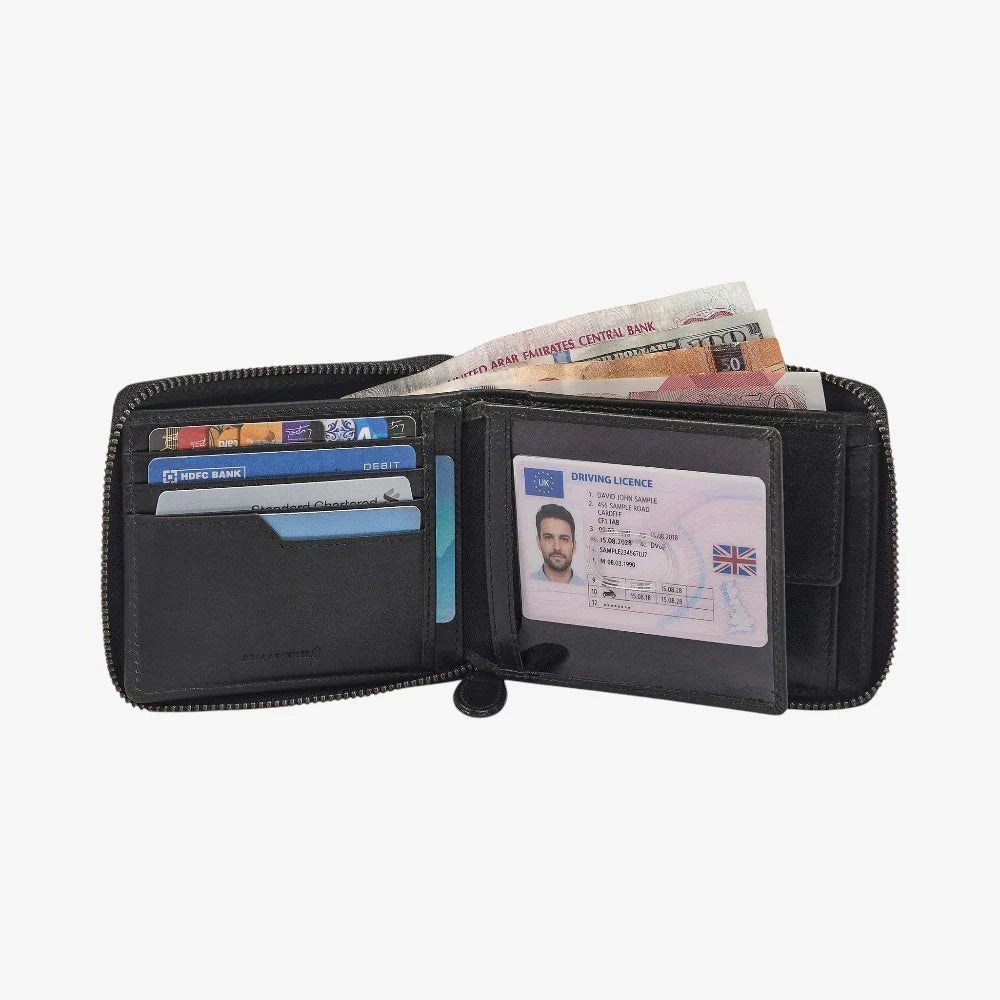 Black wallet with various cards and a driving license on a white background