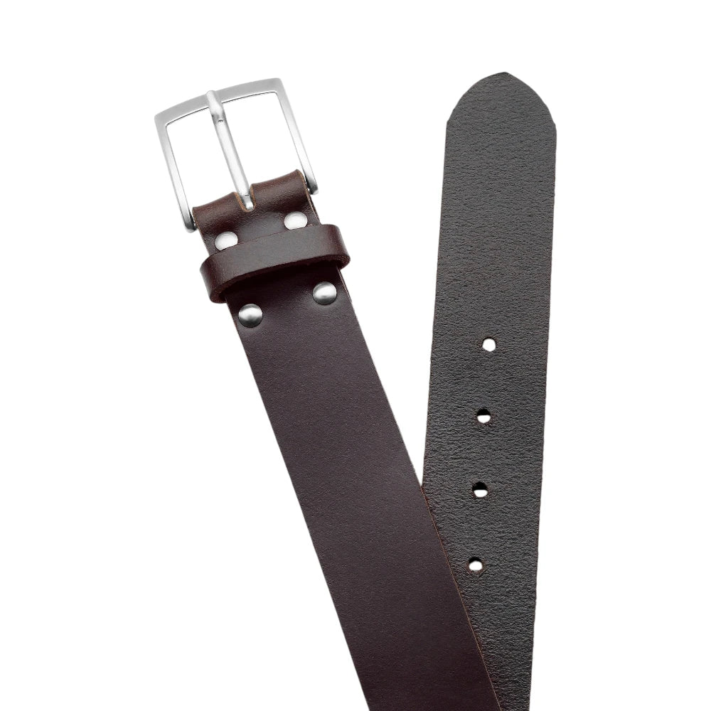 Brown leather belt with silver buckle on a white background