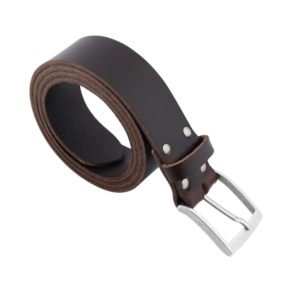 Brown leather belt with silver buckle on a white background