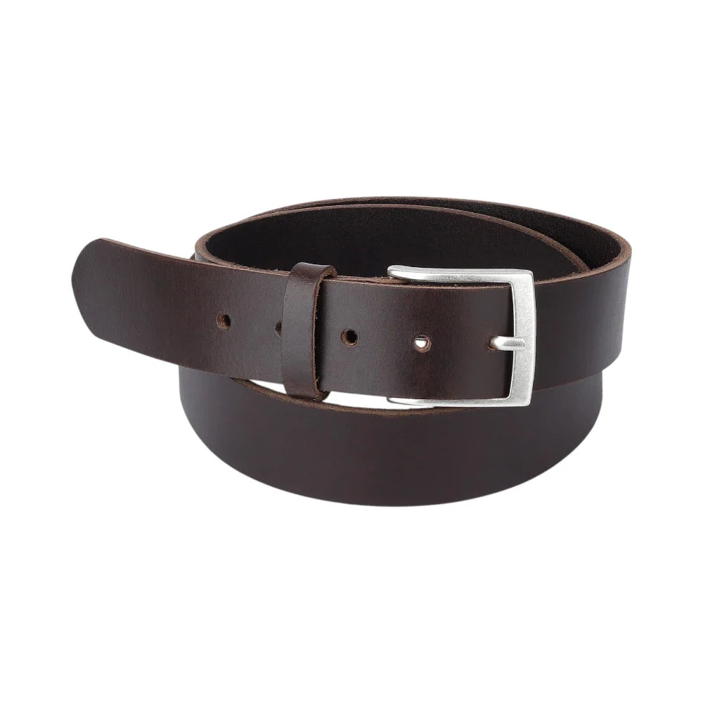 Brown leather belt with a silver buckle on a white background