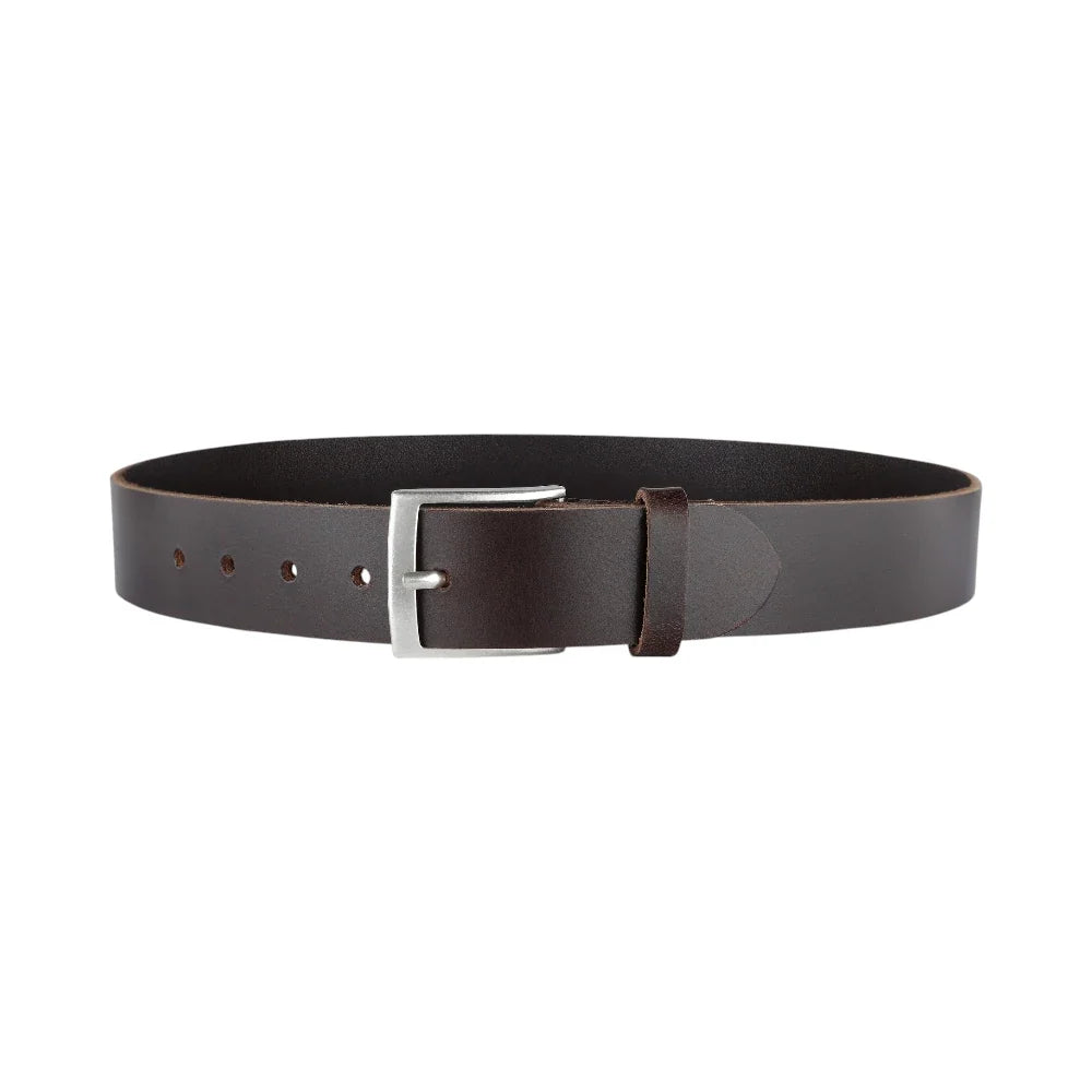 Brown leather belt with a silver buckle on a white background