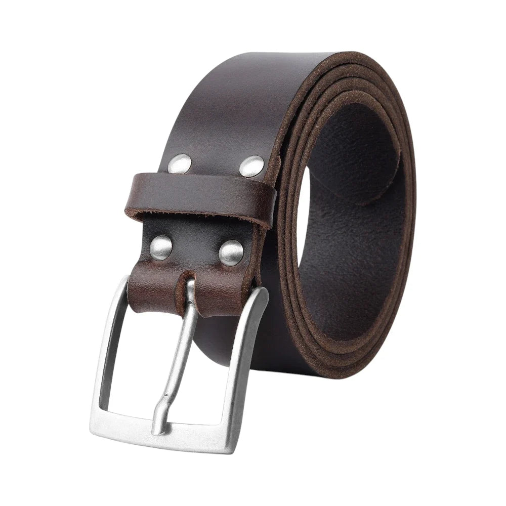 Brown leather belt with silver buckle on a white background