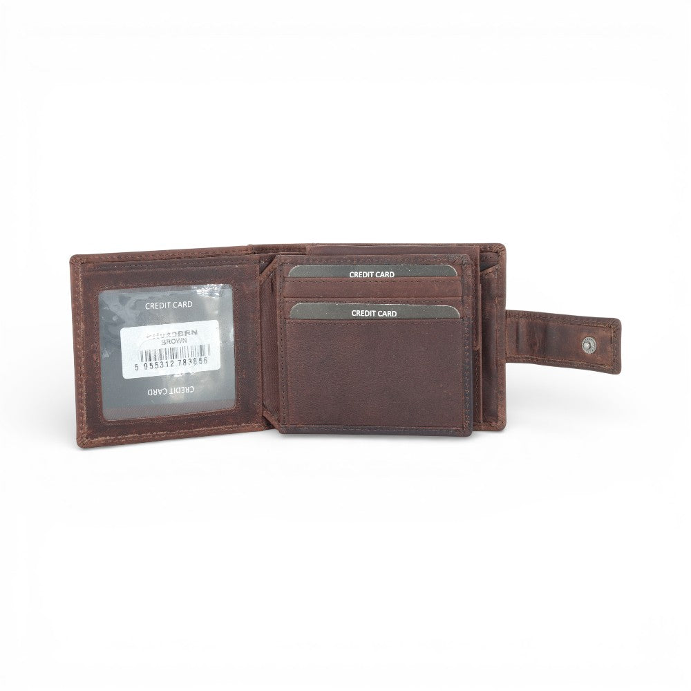 Open brown leather wallet with card slots on a white background