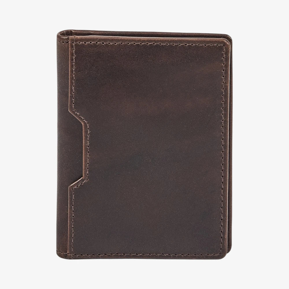Brown leather credit card holder on a white background