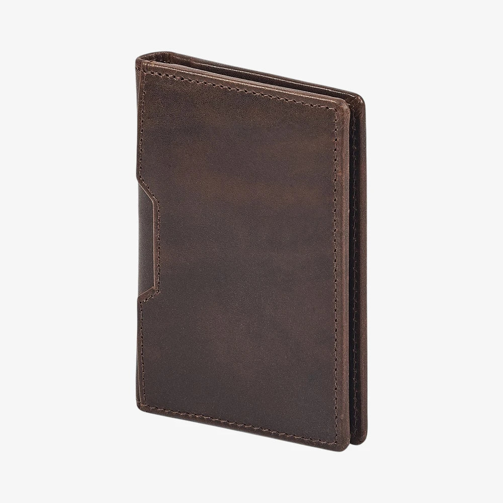Brown leather credit card holder on a white background