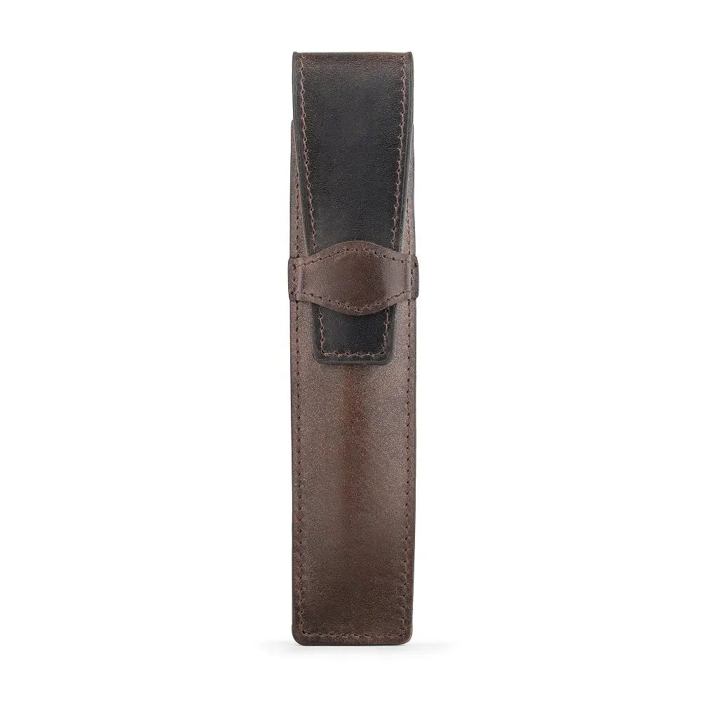 Brown leather pen case on a white background