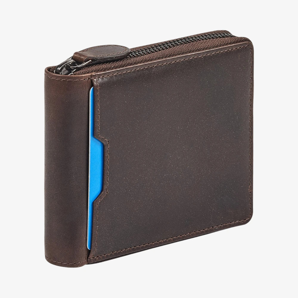 Brown leather wallet with a blue card holder on a white background