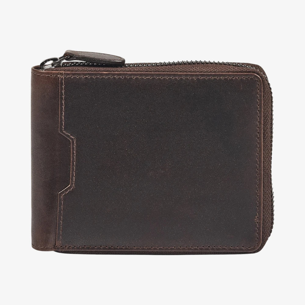 Front view of Brown leather wallet with a zipper on a white background