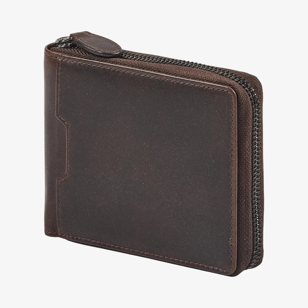Side view of Brown leather wallet with a zipper on a white background