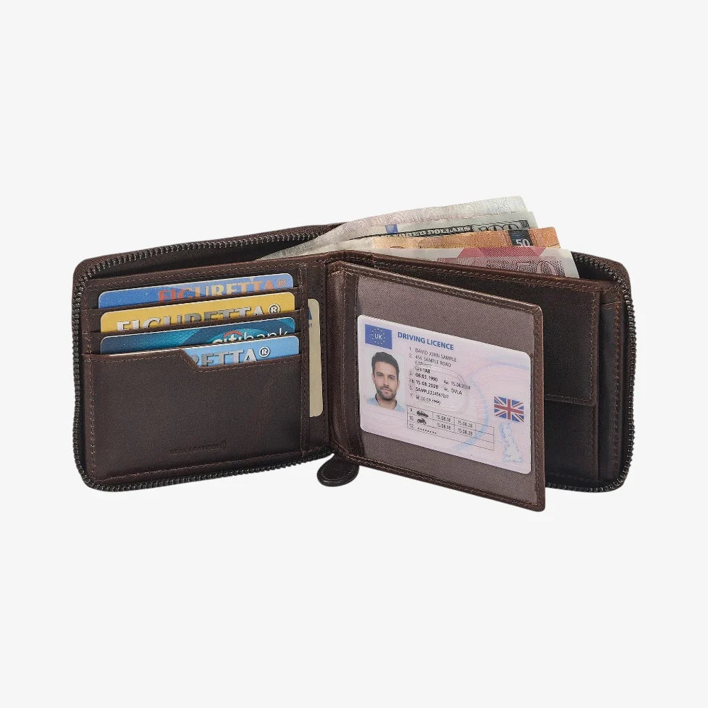 Brown wallet with card slots and a driving license holder on a white background