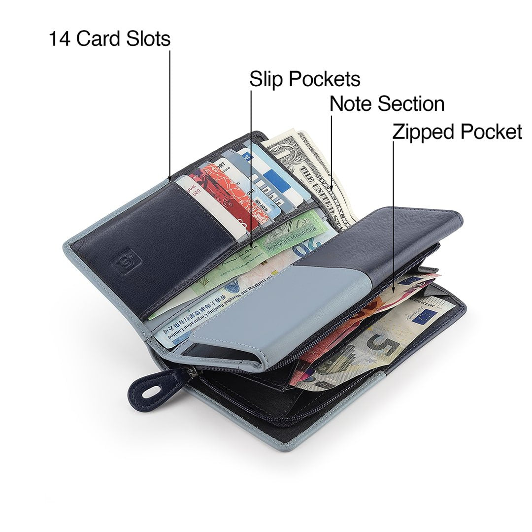 Open Clara Flapover Purse in navy and blue, displaying 14 card slots, slip pockets, a note section, and a zipped pocket filled with various currencies and cards.