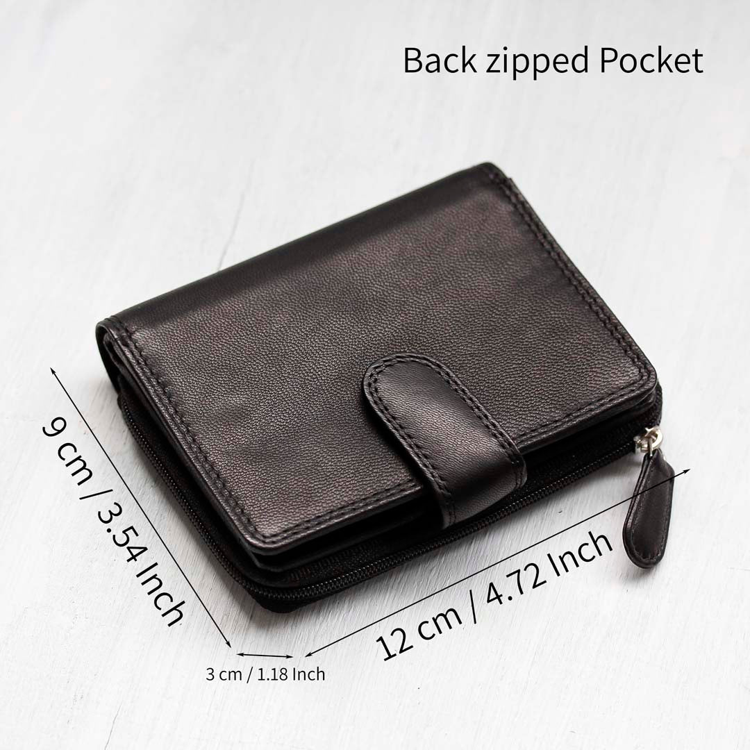 Black leather wallet for women that measures 9 cm x 3 cm x 12 cm
