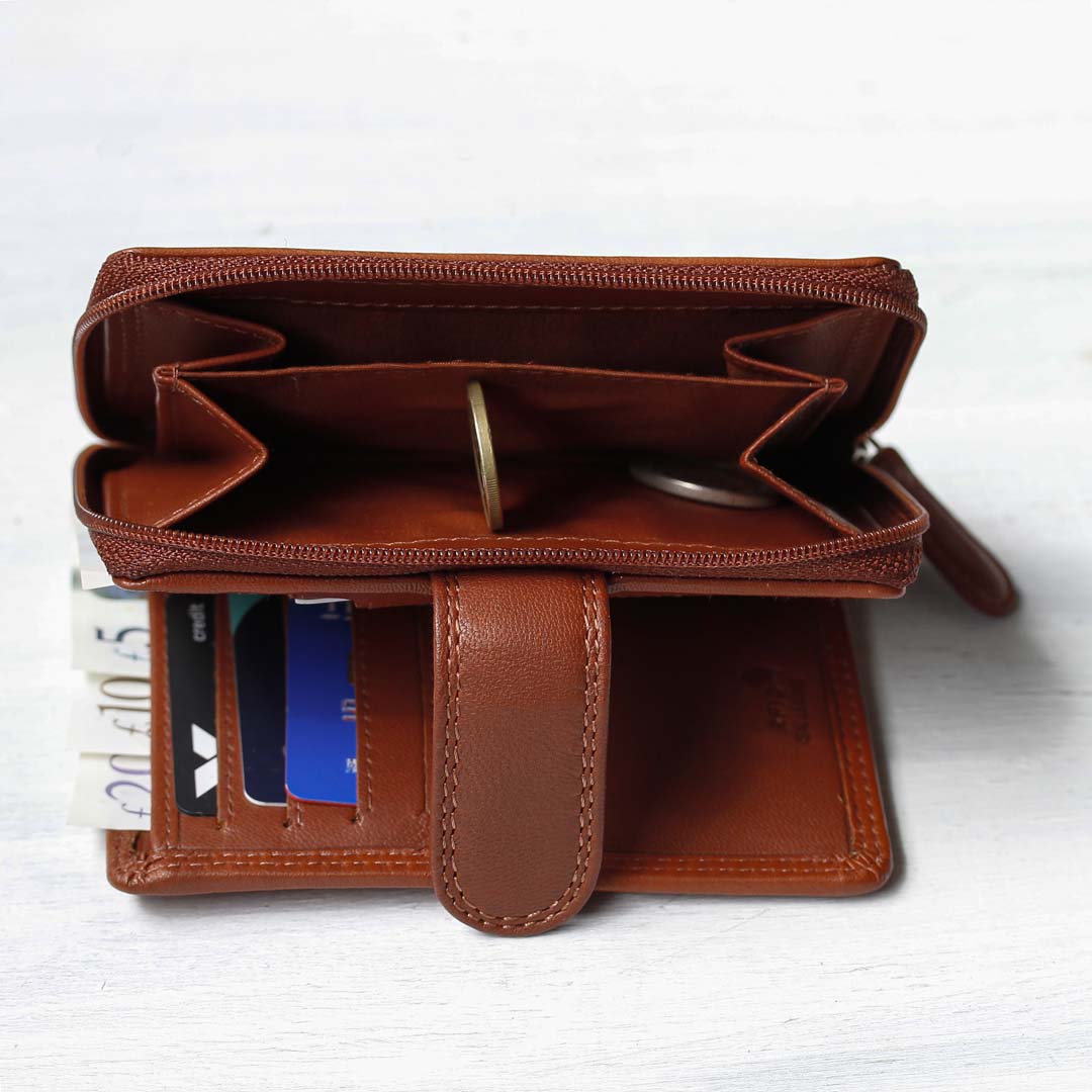 Jane Leather Bifold Purse - Cognac with a zipped coin section