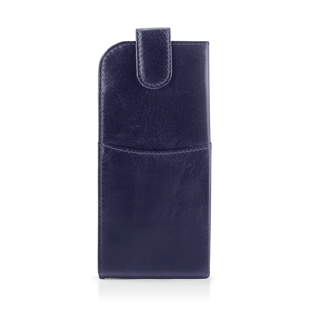 Front view of Navy Leather Glasses Case