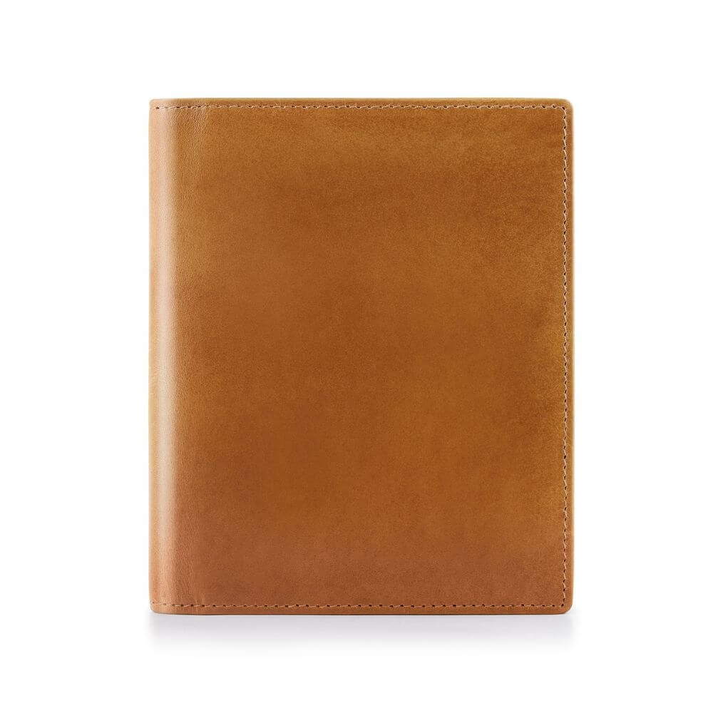 Tan leather wallet on a white background