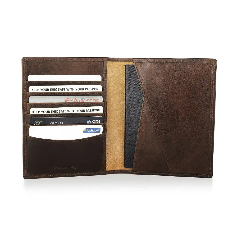 Brown leather wallet with card slots and a pocket on a white background