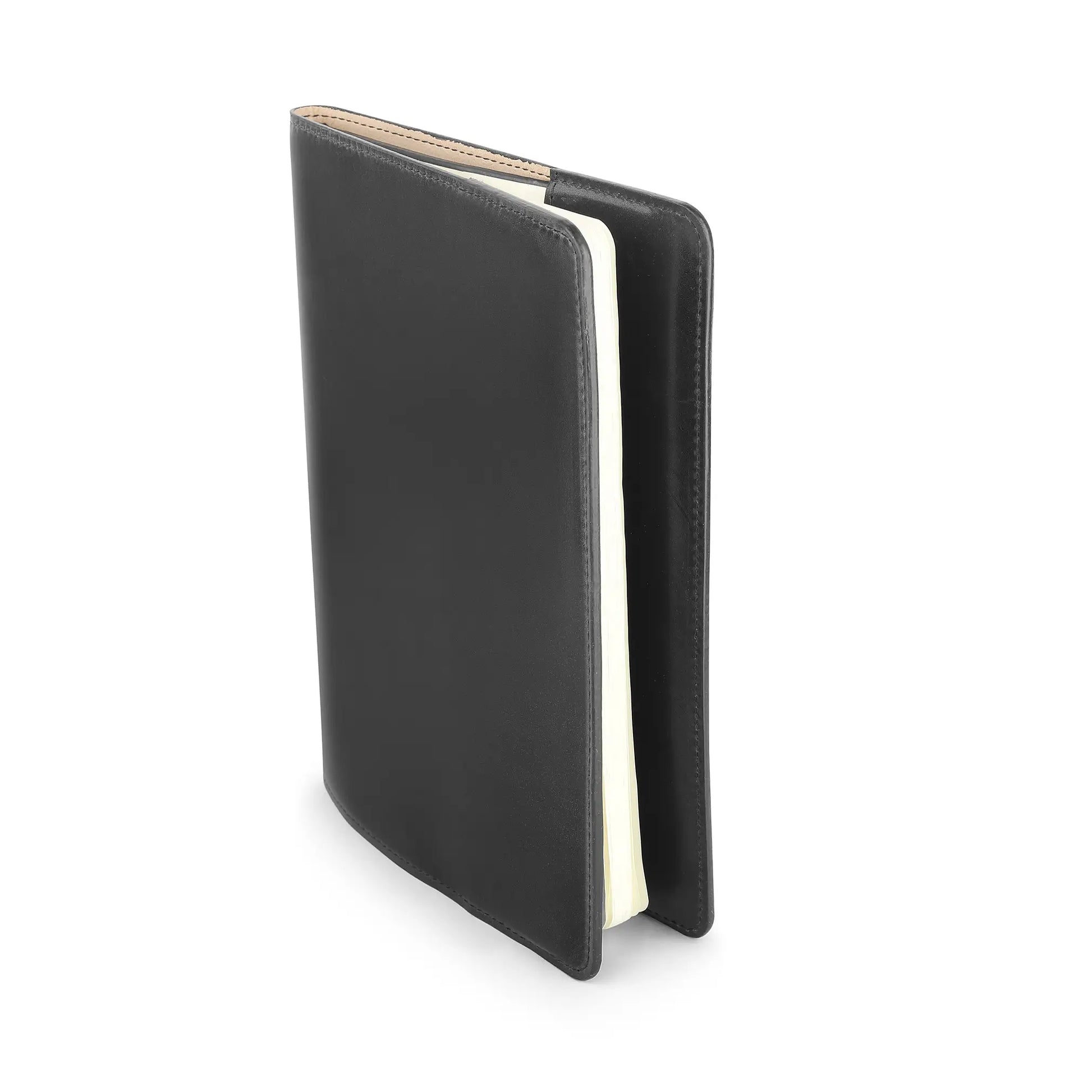 Black leather notebook on a white background