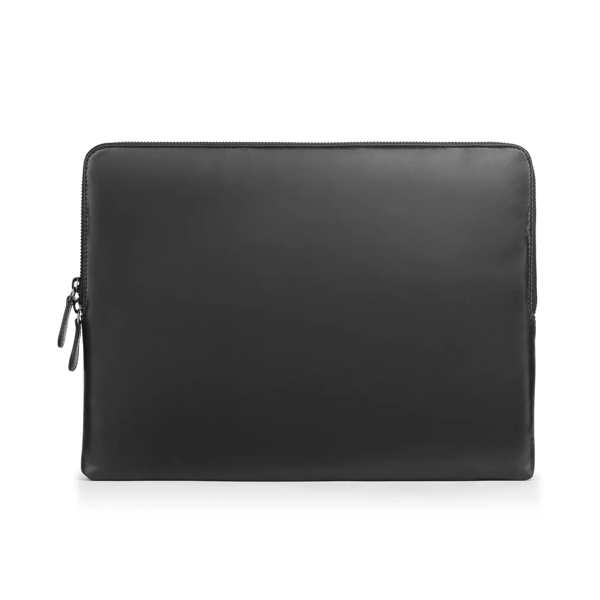 Black leather sleeve with zipper on a white background