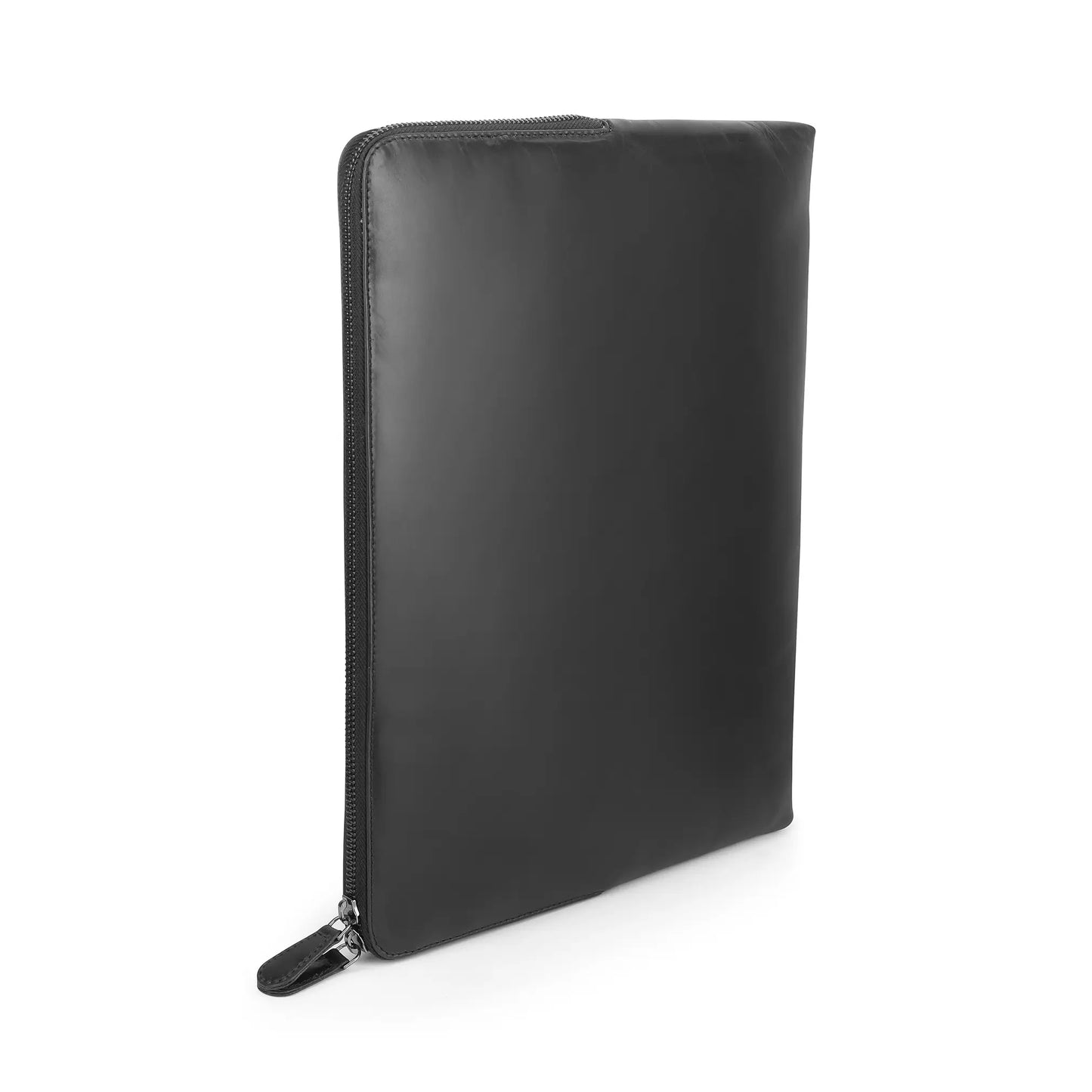 Black leather zippered laptop sleeve on a white background