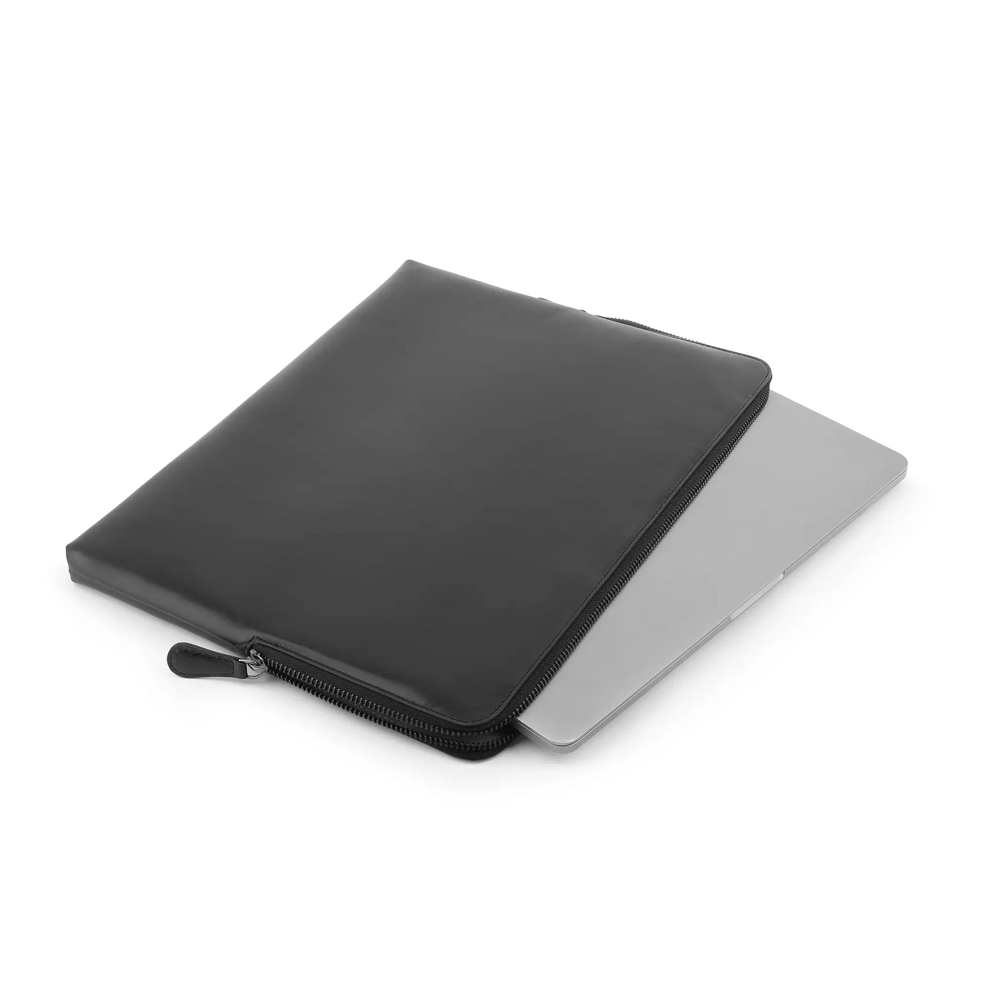 Black laptop sleeve with a zipper on a white background