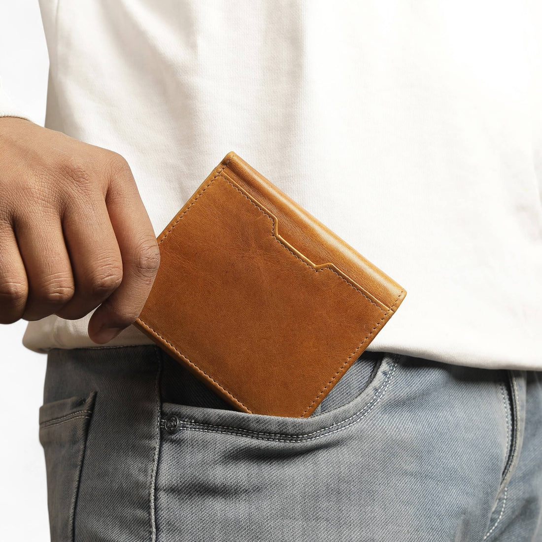 Leather Wallet Trifold in Tan - tan leather trifold wallet with RFID protection