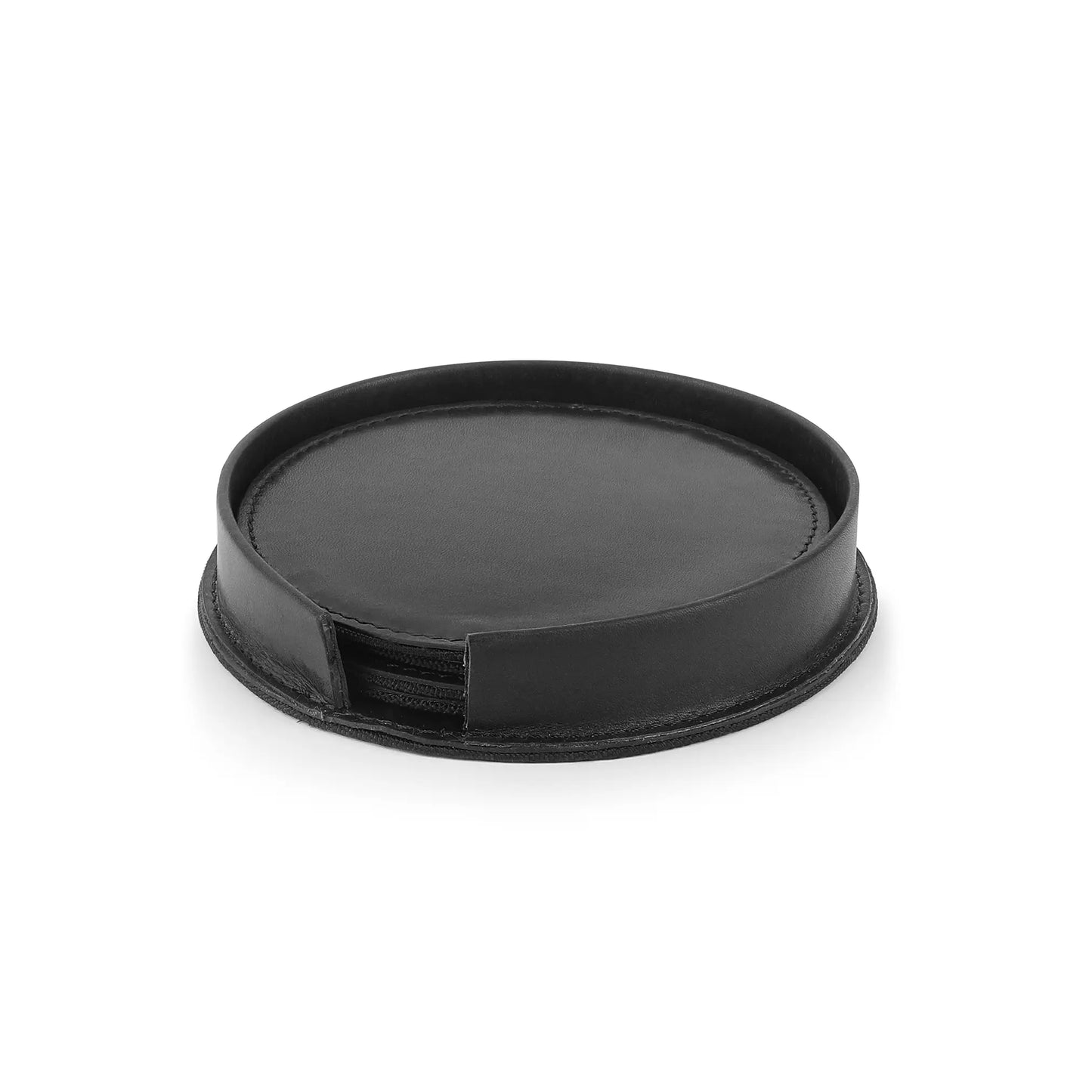 Black round coaster set on a white background