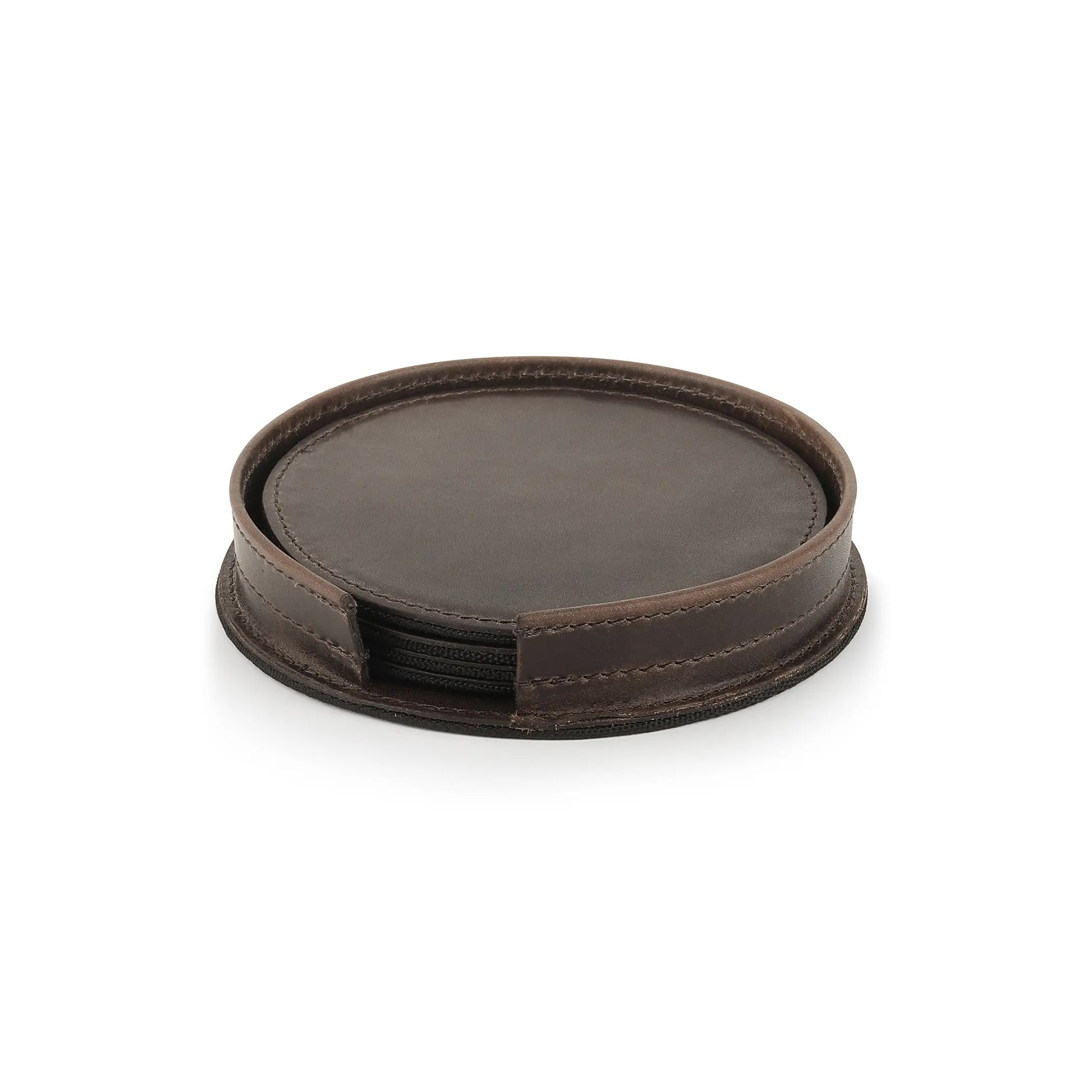 Set of brown leather coasters on a white background