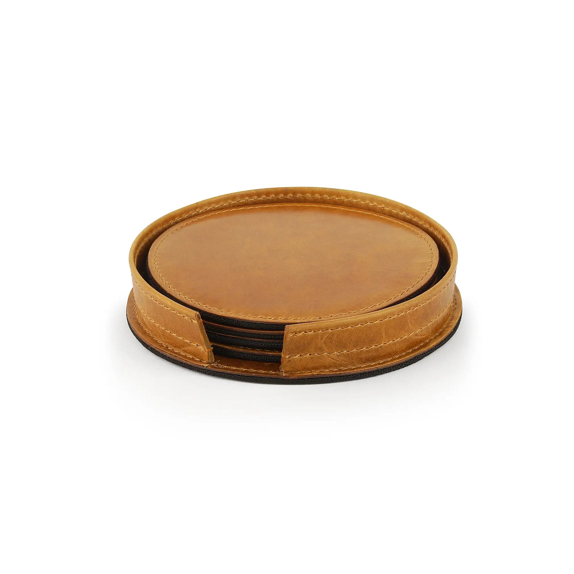 Tan leather coaster set on a white background