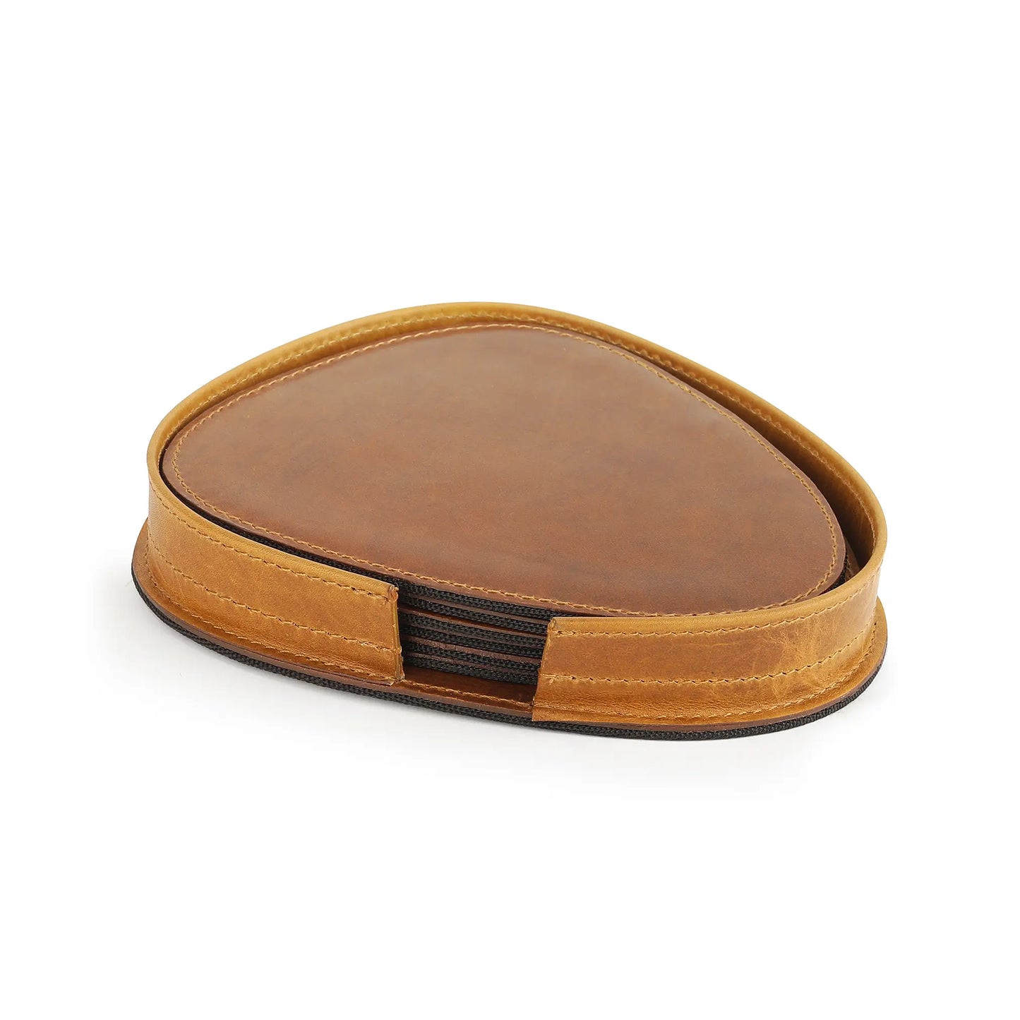 Tan leather coaster set  on a white background