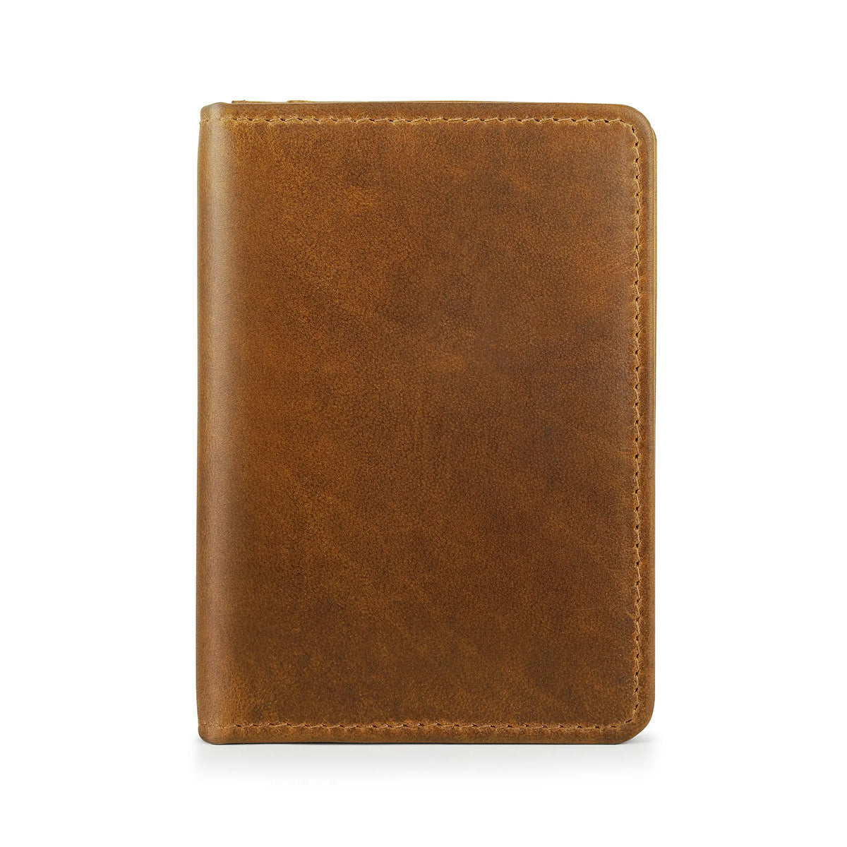 Tan leather card holder on a white background