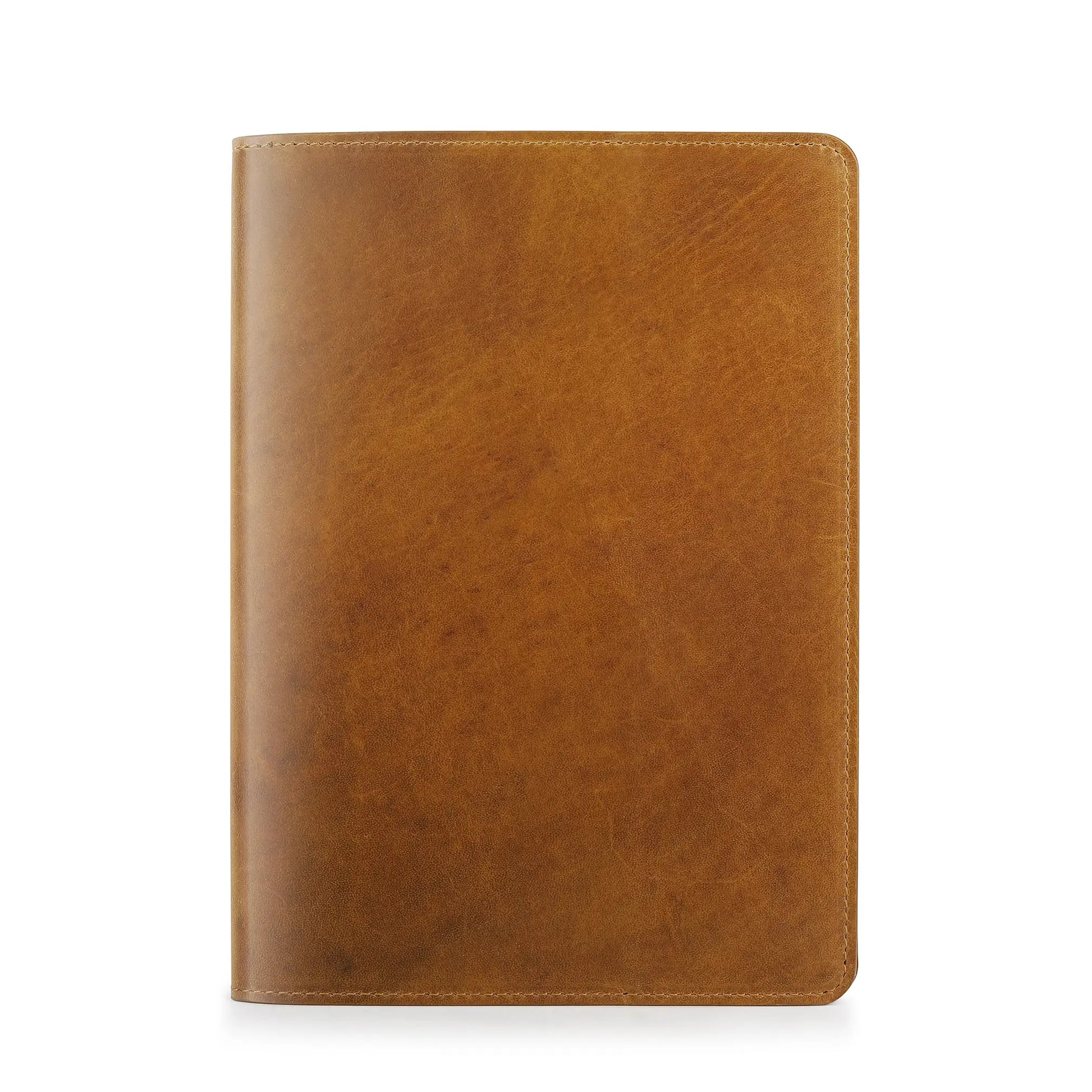 Tan leather diary cover on a white background