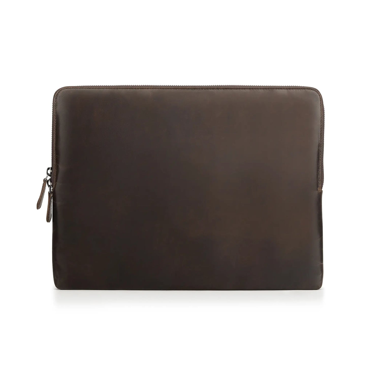 Brown leather laptop sleeve with a zipper on a white background