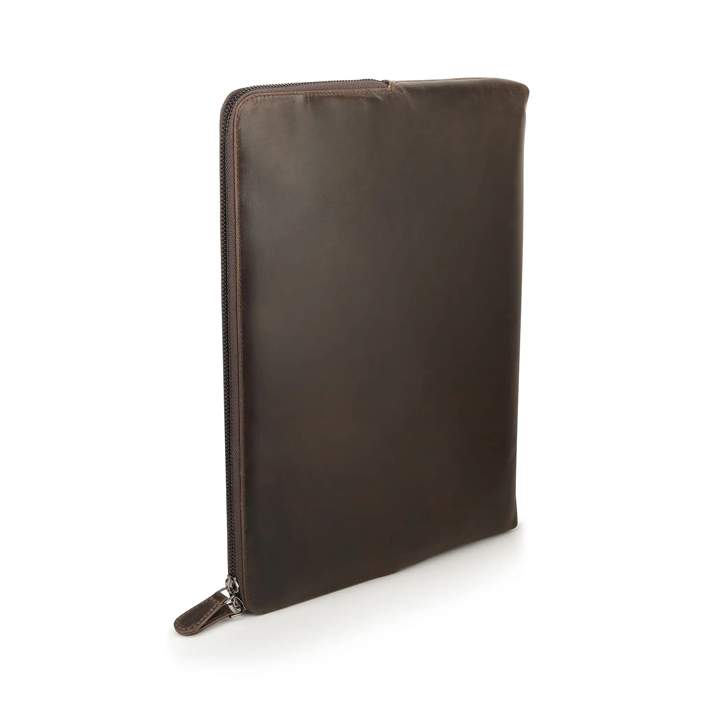 Brown leather zippered laptop sleeve on a white background