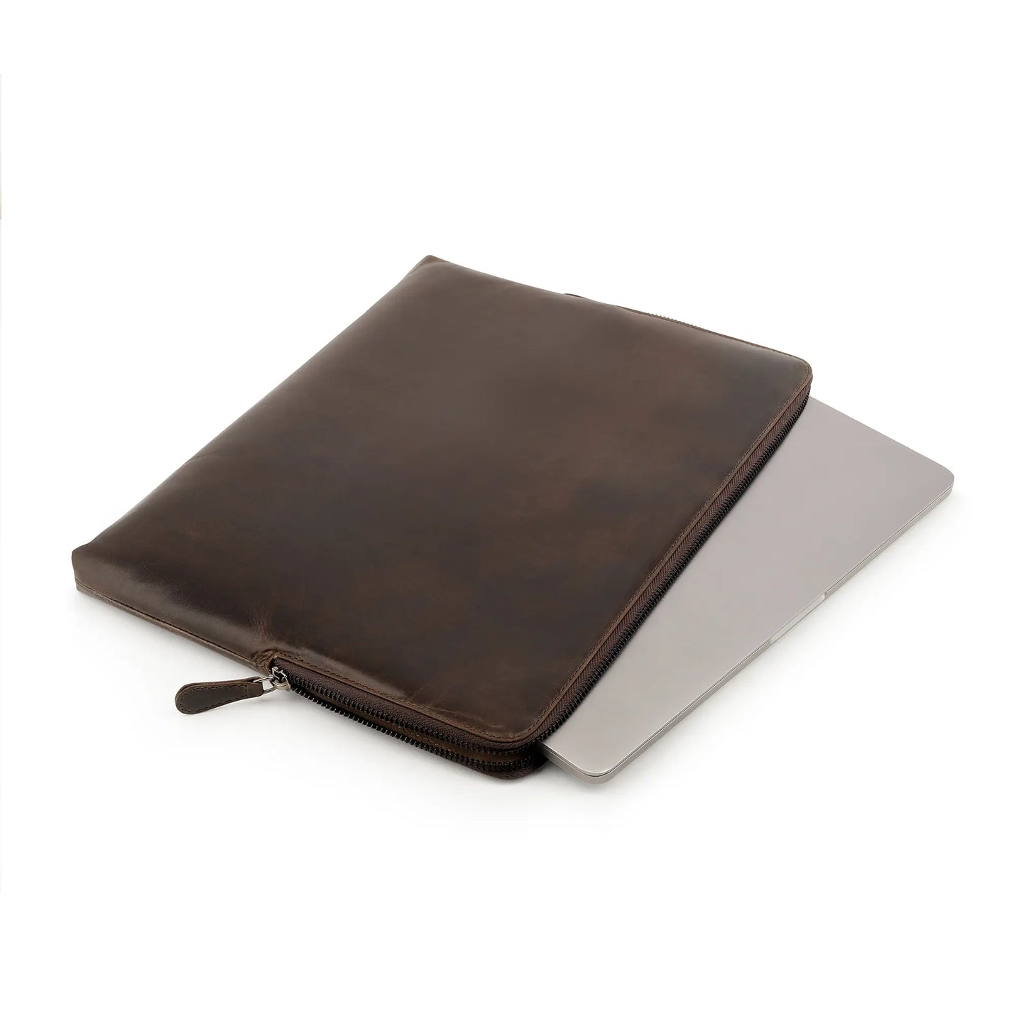 Brown leather laptop sleeve with a zipper on a white background